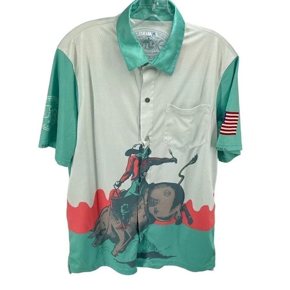 Primal Mens Button Down Shirt Golf Standout Ranch JR Active Mint Green Beige
